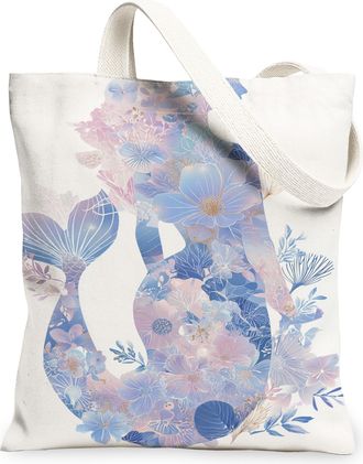 Generic Mermaid Floral Canvas Tote Bags, Elegant Ocean Design Reusable Grocery Bags, Spring Lightweight Washable Shoulder Strap Can, White, 13x15 Inch