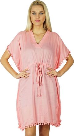 Bimba Women Cotton Kaftan With Pom Pom Tassels Short Caftan Beach Coverup,Pink,UK 24
