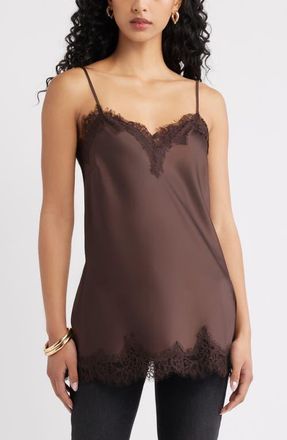 Open Edit Lace Trim Satin Camisole in Brown Seal at Nordstrom, Size Xx-Small