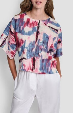 DKNY Drop Shoulder Crop Linen Top in Urban Bloom at Nordstrom, Size Medium