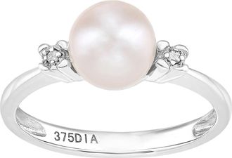 Jewelco London 9ct White Gold Diamond Pearl 7mm Full Moon Accented Dress Ring - PR1AXL2581WPRL