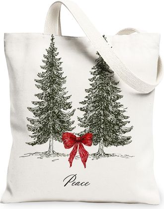 Generic Christmas Trees Canvas Tote Bags, Festive Nature Design Reusable Grocery Bags, Winter Rustic Lightweight Washable Shoulder, White, 13x15 Inch