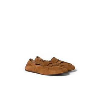 Miu Miu Ruches Suede Loafers, Woman, Oak, Size 39,5