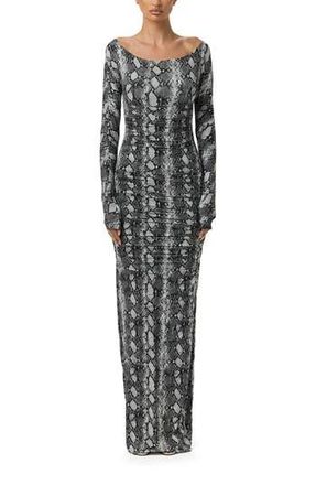 Naked Wardrobe Ruched Off the Shoulder Long Sleeve Maxi Dress in Grey Snakeskin at Nordstrom Rack, Size X-Small