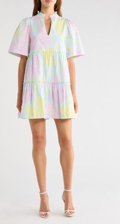 Sugarlips Brisa Floral Dixie Tiered Cotton Dress in Light Blue/pink/yellow at Nordstrom, Size X-Large
