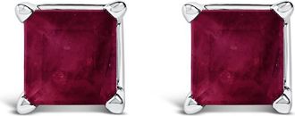 House of Brilliance 14K White Gold 5x5MM Princess Cut Red Ruby Solitaire Stud Earrings