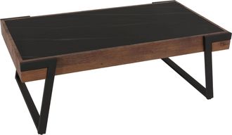 Hhg Mesa De Centro Hhg 701, Mesa De Sof&aacute; Mesa De Sal&oacute;n, Hierro 43x120x64cm Piedra Sinterizada Aspecto M&aacute;rmol Negro Madera Marr&oacute;n Oscuro