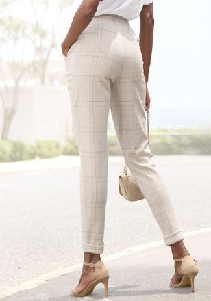 Vivance Jogger Pants VIVANCE, Damen, Gr. 34, N-Gr, beige (beige, rosa kariert), Stoff, Obermaterial: 79% Polyester, 19% Viskose, 2% Elasthan, kariert, figurum