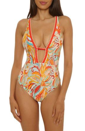 Lucky Brand Phuket Embroidered Trim Plunge One-Piece Swimsuit in Ivory/Aqua/Orange Multi at Nordstrom, Size Medium