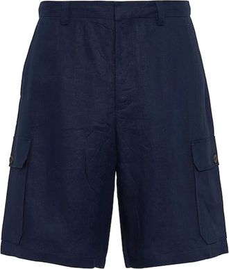 Prada Linnen Bermuda Shorts Elastische Taille Mannen - Heren - Korte Broeken - Blauw - M - Linnen - Korte Broeken