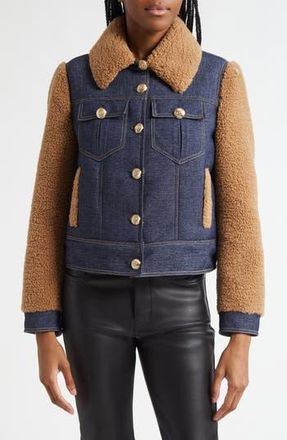 Cinq &agrave; Sept Belinda Faux Shearling & Denim Mixed Media Jacket in Brown Sandstone at Nordstrom Rack, Size X-Large