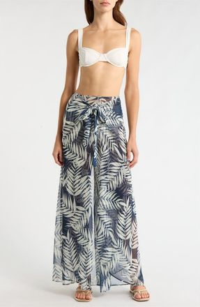Hutch Floral Tie Waist Wide Leg Cover-Up Pants in Navy Paradise Foliage at Nordstrom Rack, Size Medium