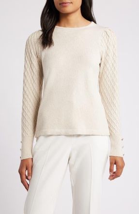 Anne Klein Metallic Mixed Stitch Cotton Blend Sweater in Anne White/gold at Nordstrom, Size X-Large