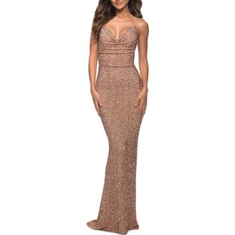 La Femme Soft Sequin Long Gown with Lace Up Back in Rose Gold at Nordstrom, Size 10