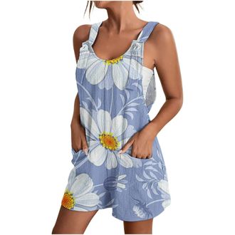 Generic Linen Dungarees for Women UK Clearance Ladies Short Jumpsuits Casual Tie-dye Sleeveless Playsuit Adjustable Straps Shorts Romper Comofrtable Loose Ove