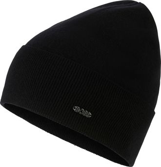 HUGO BOSS Beanie BOSS Lari_hat, Damen, schwarz (schwarz 001), Strick, Materialmix, unifarben, M&uuml;tzen Beanie, mit Aufschlag in Rippoptik