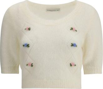 Alessandra Rich Womens Floral Embroidered Mohair Sweater - Cream Wool - Size EU 36 (Womens)