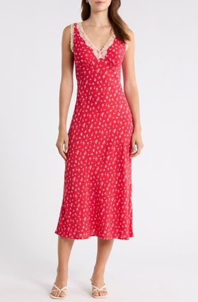 Lucky Brand Simone Lace Detail Ditsy Slipdress in Red Ditsy at Nordstrom, Size Xx-Large