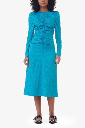 Ganni Blue Crinkled Satin O-Neck Midi Dress - Size 32