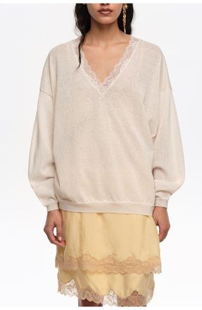 Bimba & Lola Long Linen Cotton Lace Sweater in Ivory at Nordstrom, Size Xx-Small Eu