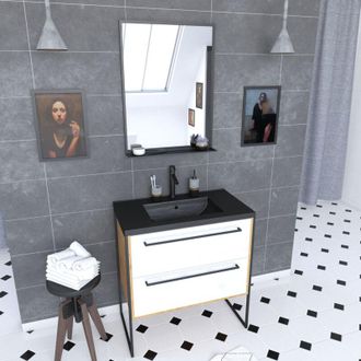 Aurlane Aurlane - Mueble De Ba&ntilde;o 80x50cm - Lavabo Negro 80x50cm - 2 Cajones + Espejo