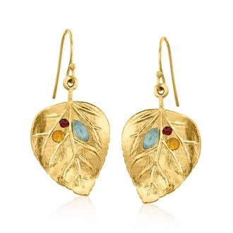 Ross-Simons Multi-Gemstone Leaf Drop Earrings in 18kt Yellow Gold Over Sterling