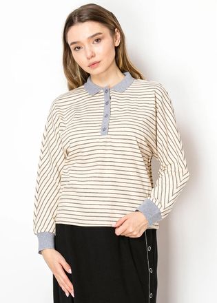 YAL New York Cream Stripe Tee with Grey Collar and Cuffs