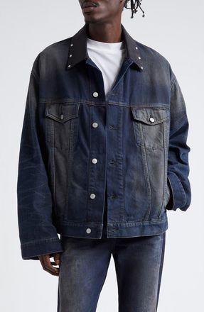 Acne Studios Leather Collar Oversize Denim Jacket in Dark Blue at Nordstrom, Size X-Large