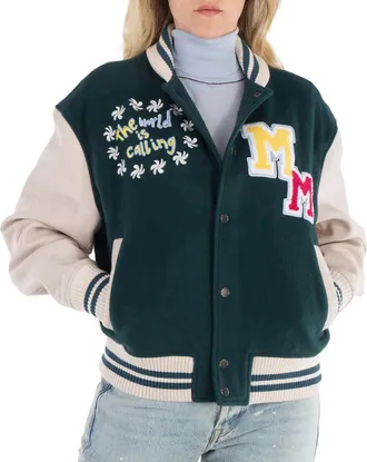Mira Mikati Embroidered Mushroom Varsity Bomber Jacket, Brand Size 38 (US Size 6)