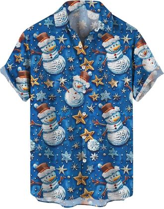 Generic Christmas Shirts for Men Short Sleeve Xmas Hawaiian Bowling Shirt Button Up Lapel Dress Shirts Lightweight Beach Party Tops, Blue, XXL