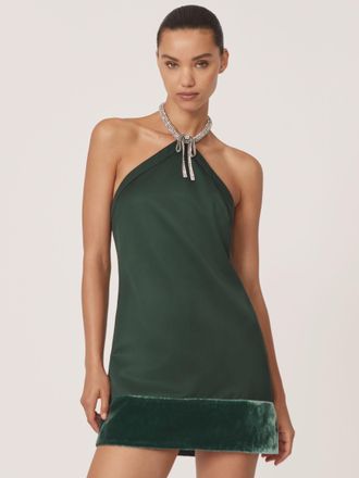 Reiss Sina Green Satin Crystal-necklace Mini Dress, 12, Dark