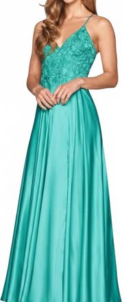 Faviana Beaded Bodice A-Line Gown In Teal
