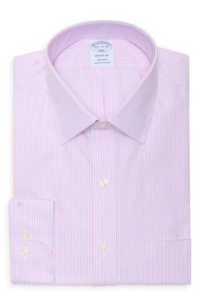 Brooks Brothers Regular Fit Non-Iron Cotton Dress Shirt in Pinkstripe at Nordstrom Rack, Size 15.5 - 32