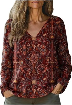 Generic Womens Blouses & Shirts Womens Long Sleeve Tops Casual Plus Size V Neck Shirts Fashion Vitange Floral Printed Boho Shirt Dressy Loose Spring Summer Lo