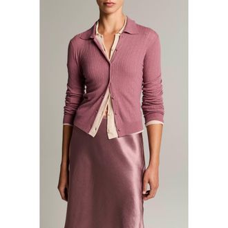 Vince Pointelle Knit Wool Collared Cardigan in Dusty Peony at Nordstrom, Size Xx-Small