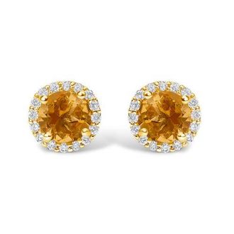 House of Brilliance 10K Gold Gemstone and 1/6 Cttw Diamond Halo Stud Earring in Yellow | Orange Citrine at Nordstrom