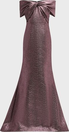 Teri Jon Off-Shoulder Metallic Jacquard Mermaid Gown
