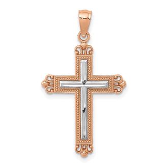 Diamond2Deal 14K Rose Gold Rhodium Diamond-Cut Cross Pendant