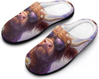 Generic Highland Cow Daisy Flower Womens Slippers Warm House Slippers Indoor House Shoes with Anti-Skid Rubber Sole