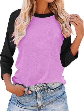 Generic 3/4 Sleeve T-Shirts for Women UK Fashion Colour Block Raglan Sleeves Baseball Tee Shirts Spring Summer Fall Tops Casual Loose-fit Crew Neck Tshirt Blo