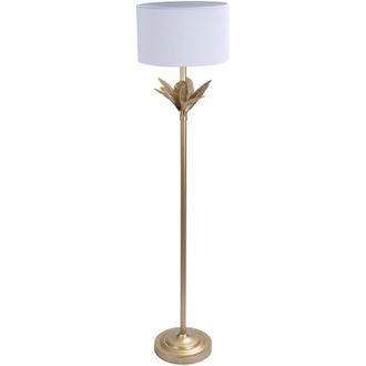 Relaxdays Lampada da terra Relaxdays, base foglia palma, paralume tessuto, portalampada E27, soggiorno/camera da letto, bianco/oro