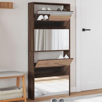 Berkfield Home Shoe Cabinet with Mirror 4-Layer Brown Oak 63x17x134 cm | Size: 63 x 17 x 134 cm