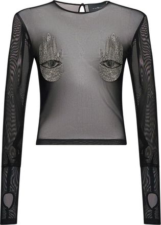 John Richmond Tops, Dames, Zwart, M, Nylon, Transparante top met geborduurde juweeldetails