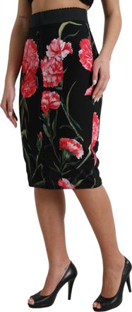 Dolce & Gabbana Womens Black Carnation Pencil Cut Knee Length Skirt Nylon Elastane