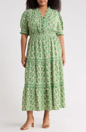 Max Studio Short Sleeve Tiered Maxi Dress in Green/Pink Paisley at Nordstrom Rack, Size 2X