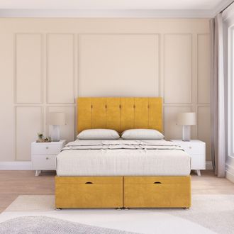 Sloomy Highbury Plush Fabric Ottoman Bed End Opening With Sprung Memory Mattress & 54 Inch Floorstanding Headboard in Gold | Size: Small Single