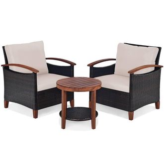 Costway Costway 3pcs Rattan Chair Set Patio Conversation Sofa Set with Wooden Coffee Table in Brown