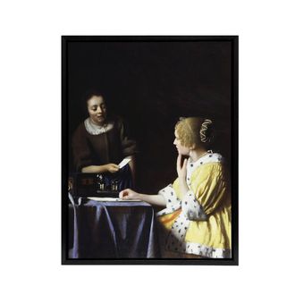 Artery8 Mistress & Maid Portrait Vermeer Black Framed Canvas Wall Art | Size: W24 x H32
