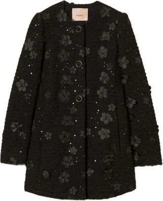 Twinset Boucl&eacute; Jas met Bloemen en Pailletten - Dames - Mantel - Zwart - 2XL - Pailletten - Jassen