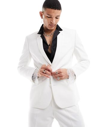 Asos Giacca da abito slim bianca con finiture in pizzo-Bianco